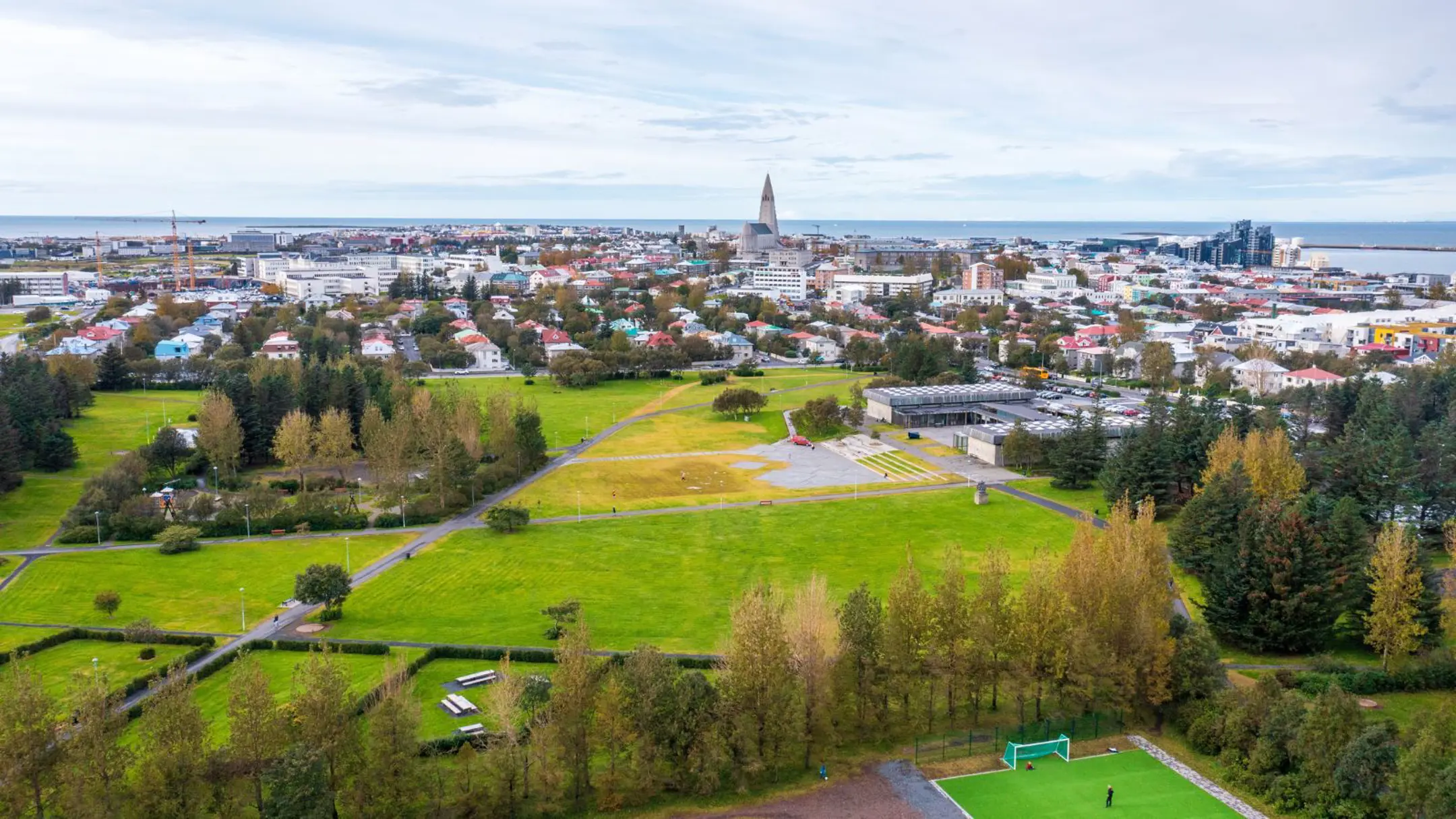 Aerial view of Klambratún Park and Kjarvalsstaðir in central Reykjavík