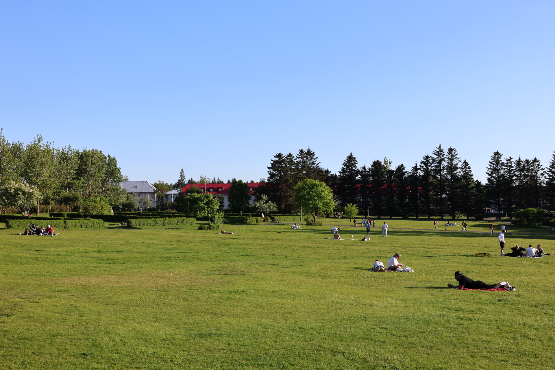 Open lawns and paths in Klambratún Park in Reykjavík