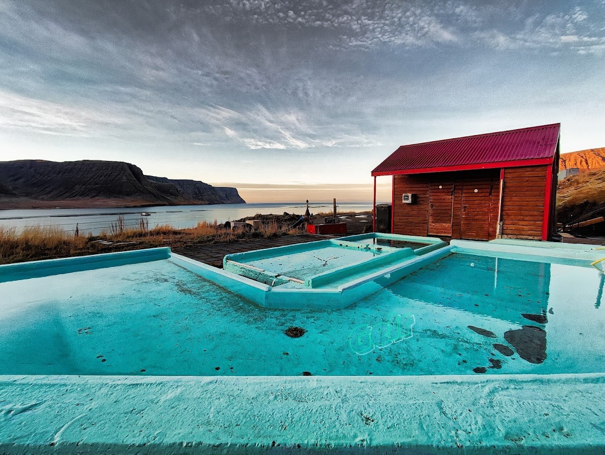 Small concrete hot pools at Pollurinn above Tálknafjörður in the Westfjords.