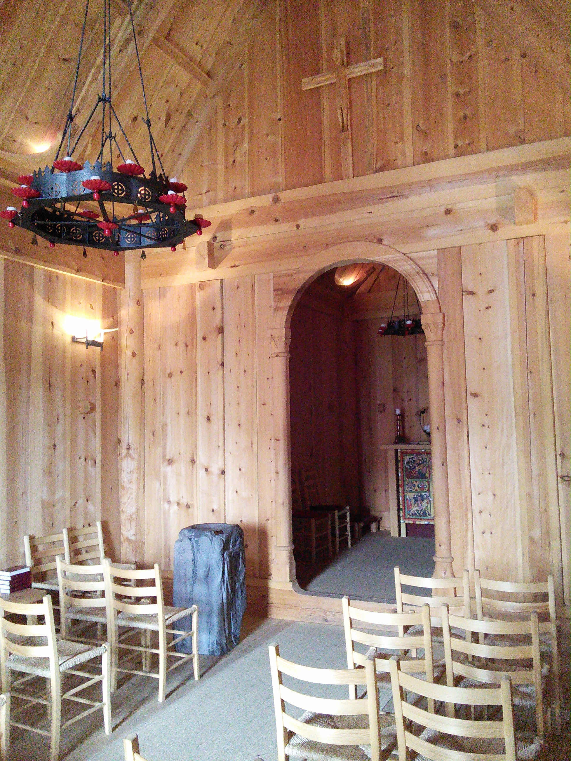 Interior nave of the Heimaey stave church.