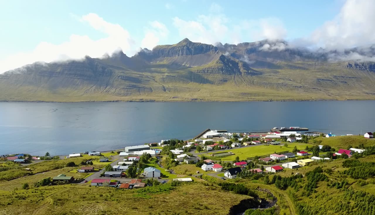 Stöðvarfjörður village seen from above with the fjord, low houses, and steep Eastfjords mountains behind it.