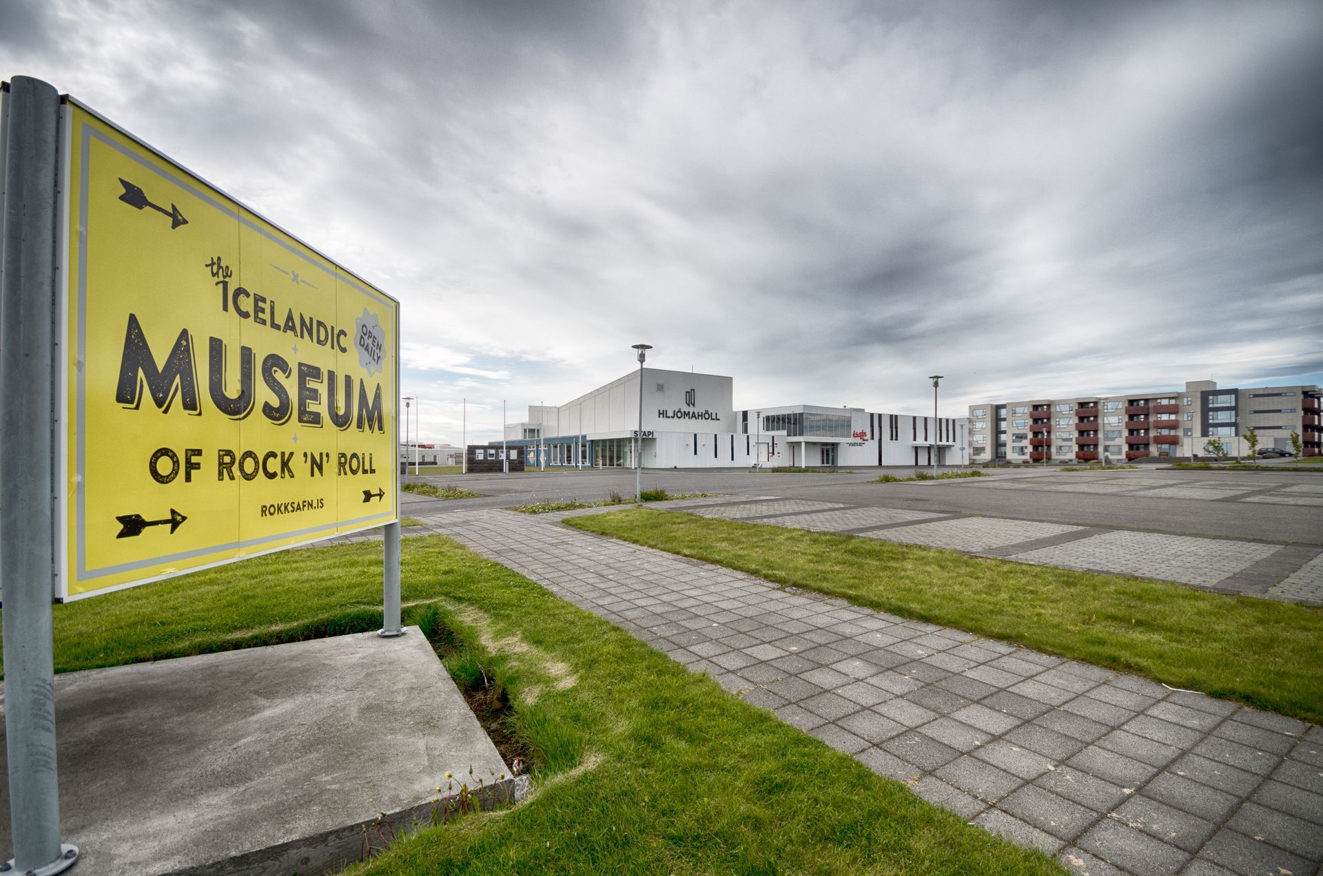 The Icelandic Museum of Rock 'n' Roll sign outside Hljómahöll in Reykjanesbær.