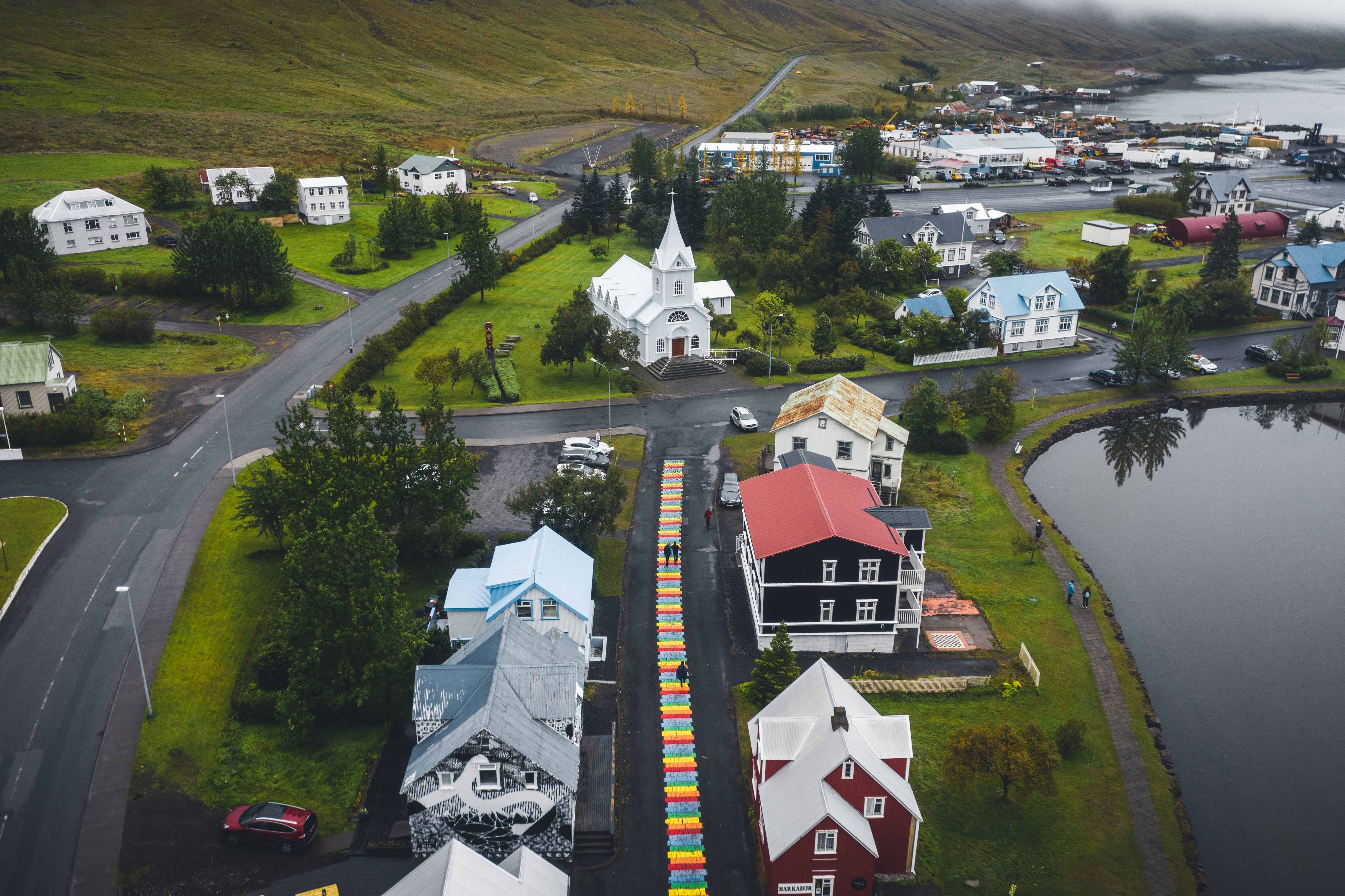 Top view of Seyðisfjörður showing the area where the Technical Museum of East Iceland sits by the harbor.