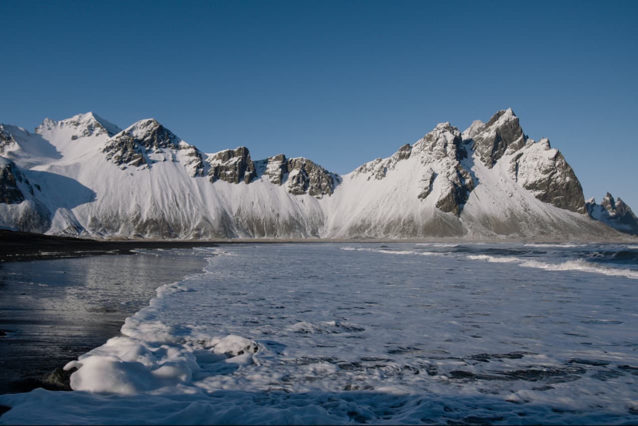 Black sand and Vestrahorn at Stokksnes near the Viking Village Film Set