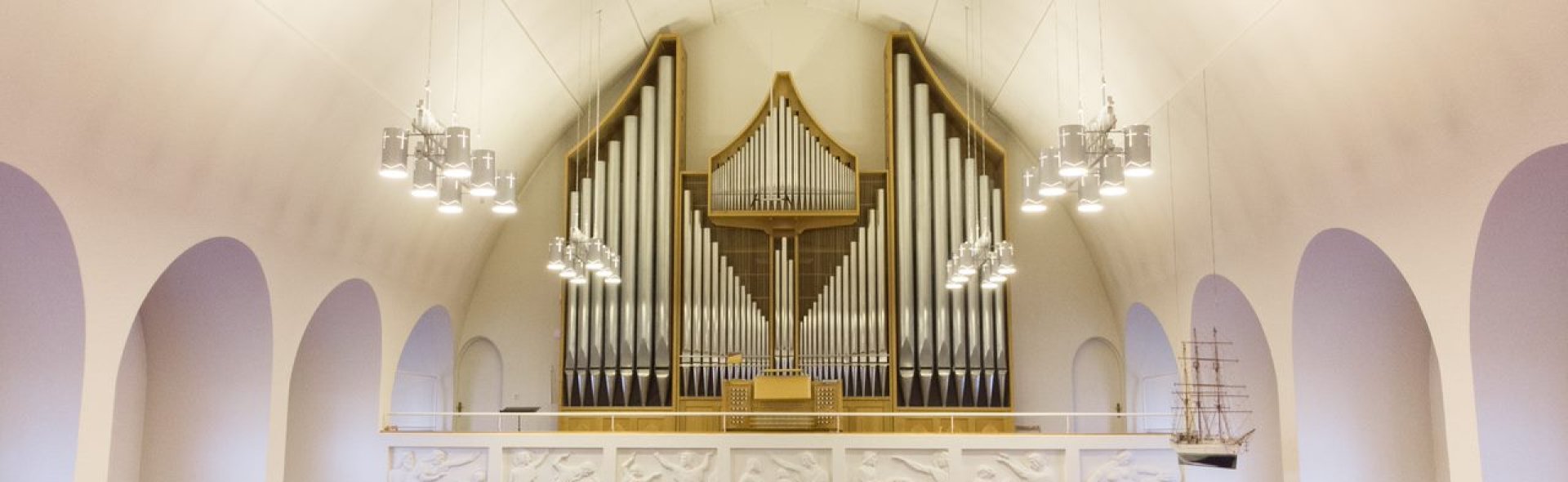 Organ pipes and balcony details inside Akureyrarkirkja