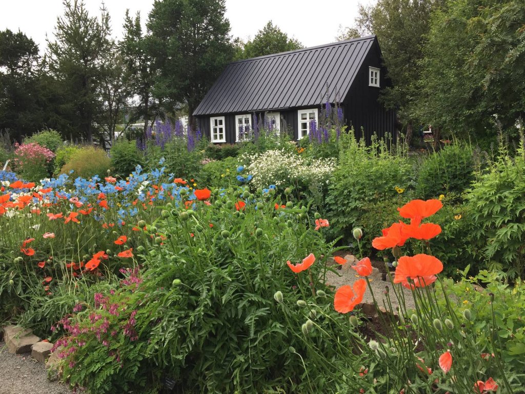 Black timber house and flower beds inside Akureyri Botanical Gardens.