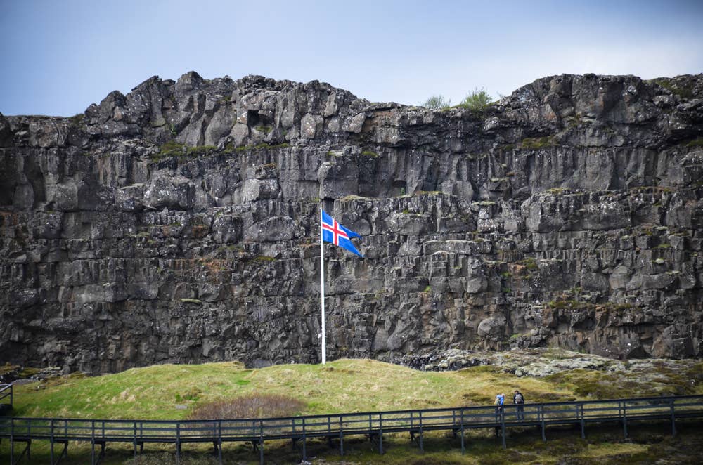 Icelandic flag at Lögberg beside the Almannagjá walking path.