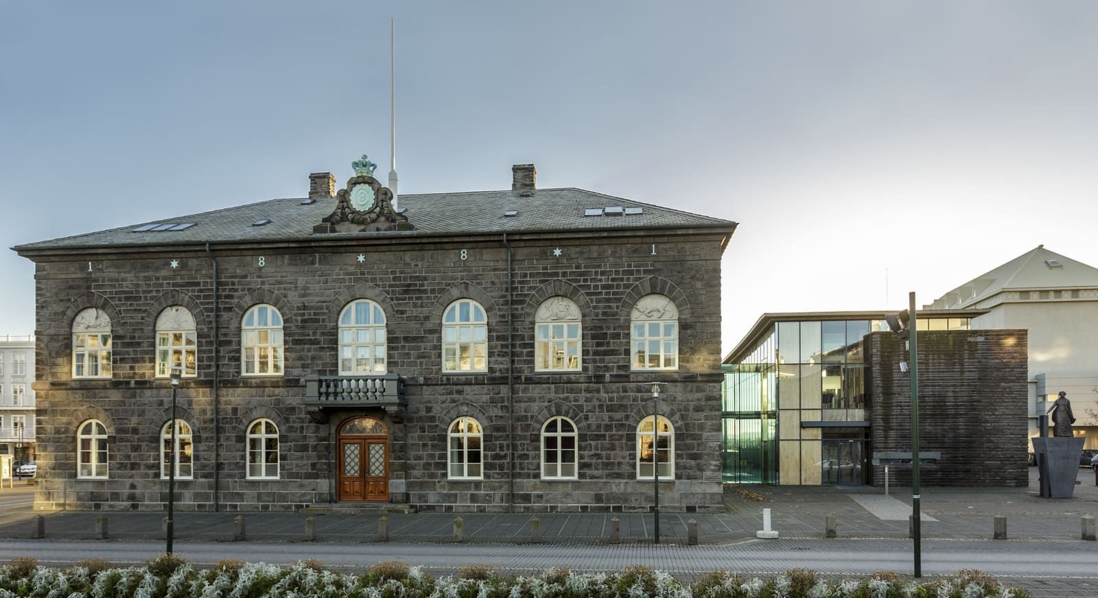 Front of Alþingi Parliament House with the Skálinn annex in Reykjavík