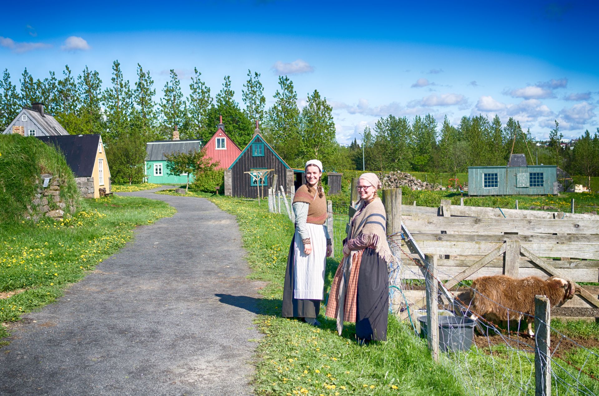 Costumed staff, historic buildings, and a sheep pen at Árbær Open Air Museum in Reykjavík.