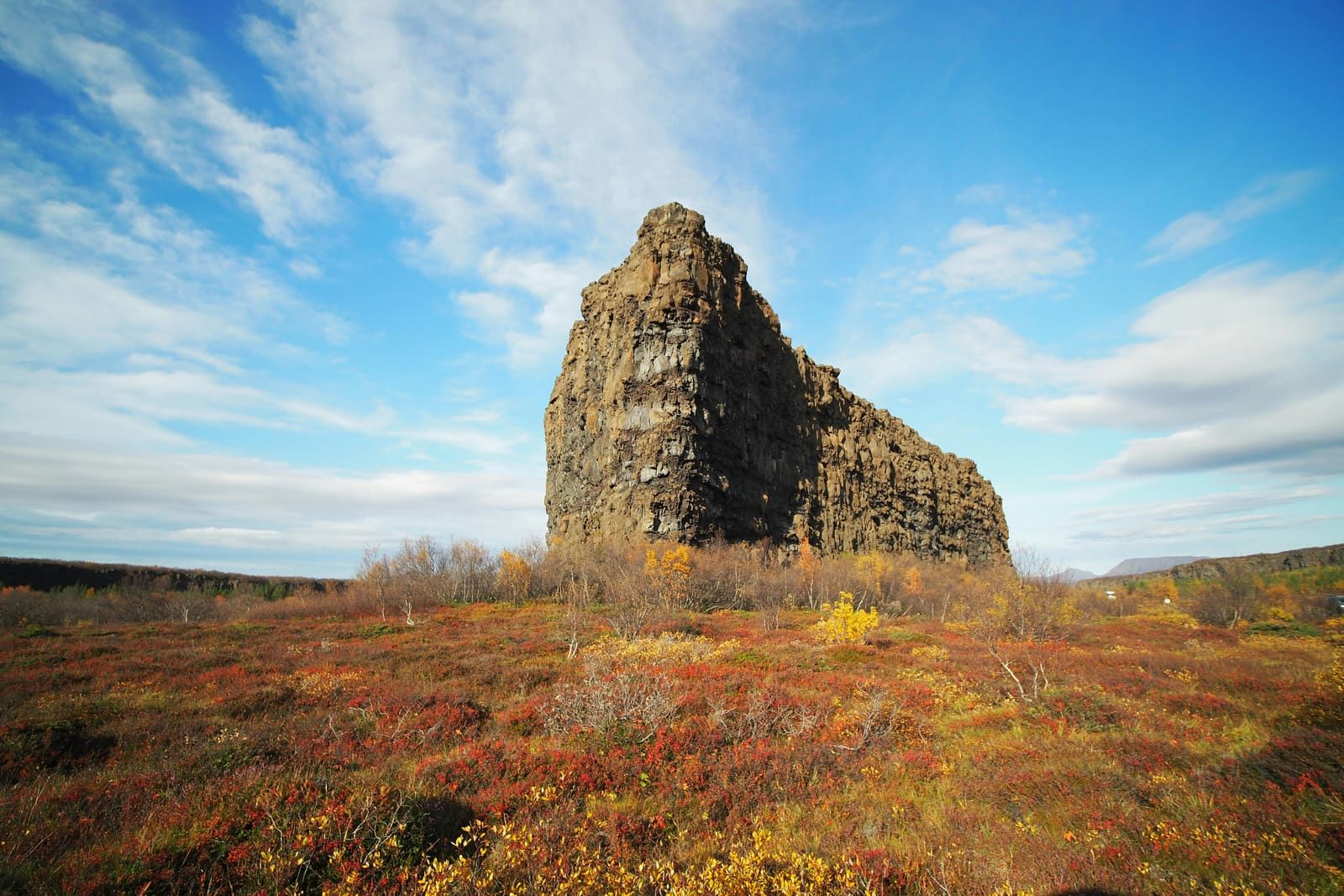 View from Eyjan in Ásbyrgi with canyon walls, forest, and distant North Iceland hills.