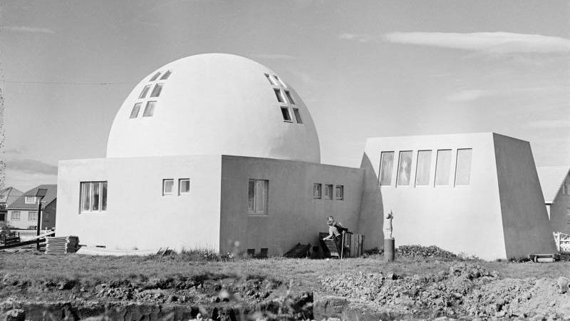 Historical black-and-white view of the domed Ásmundarsafn building in Reykjavík.