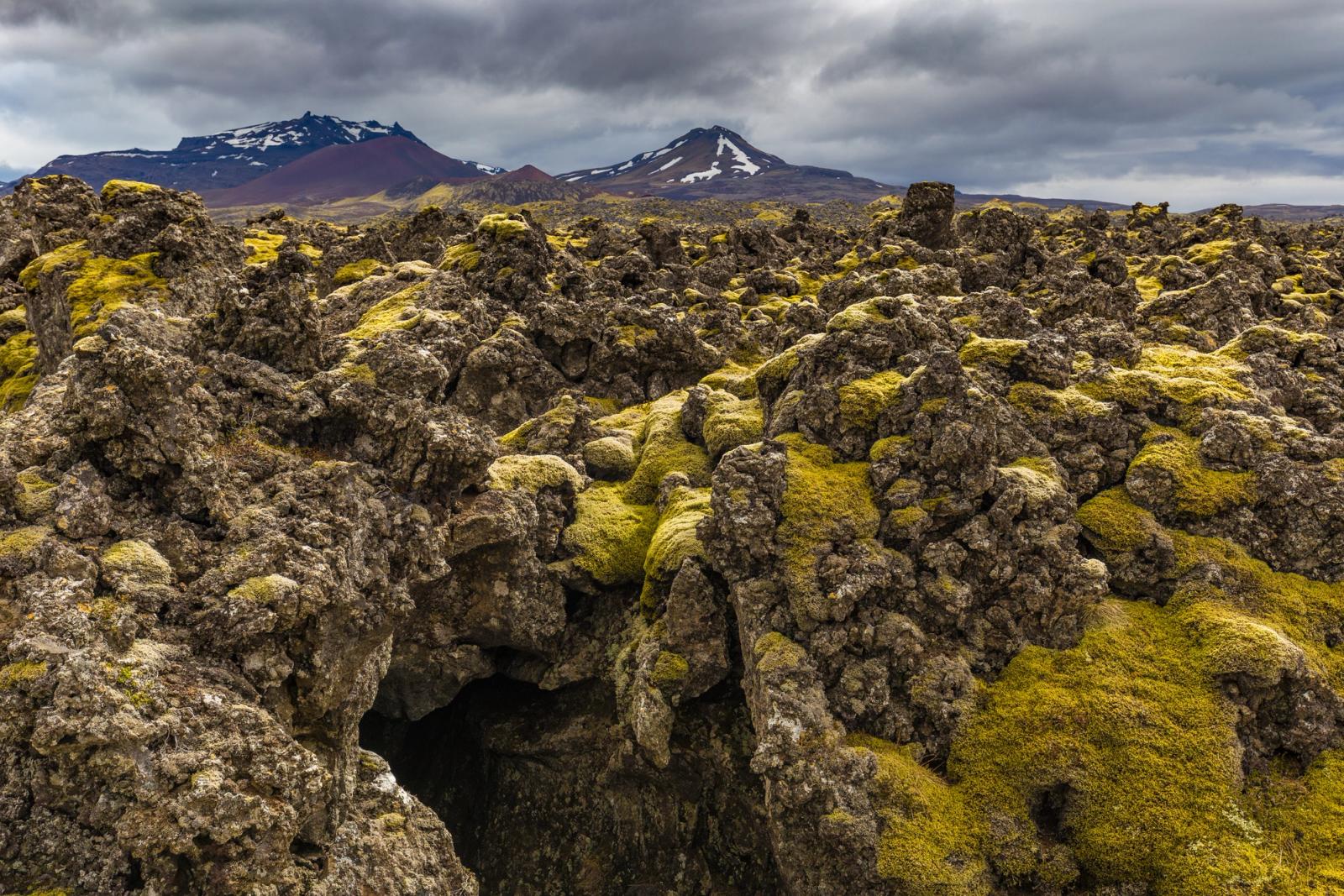 Jagged moss-covered lava rocks in Berserkjahraun with dark Snæfellsnes mountains behind.