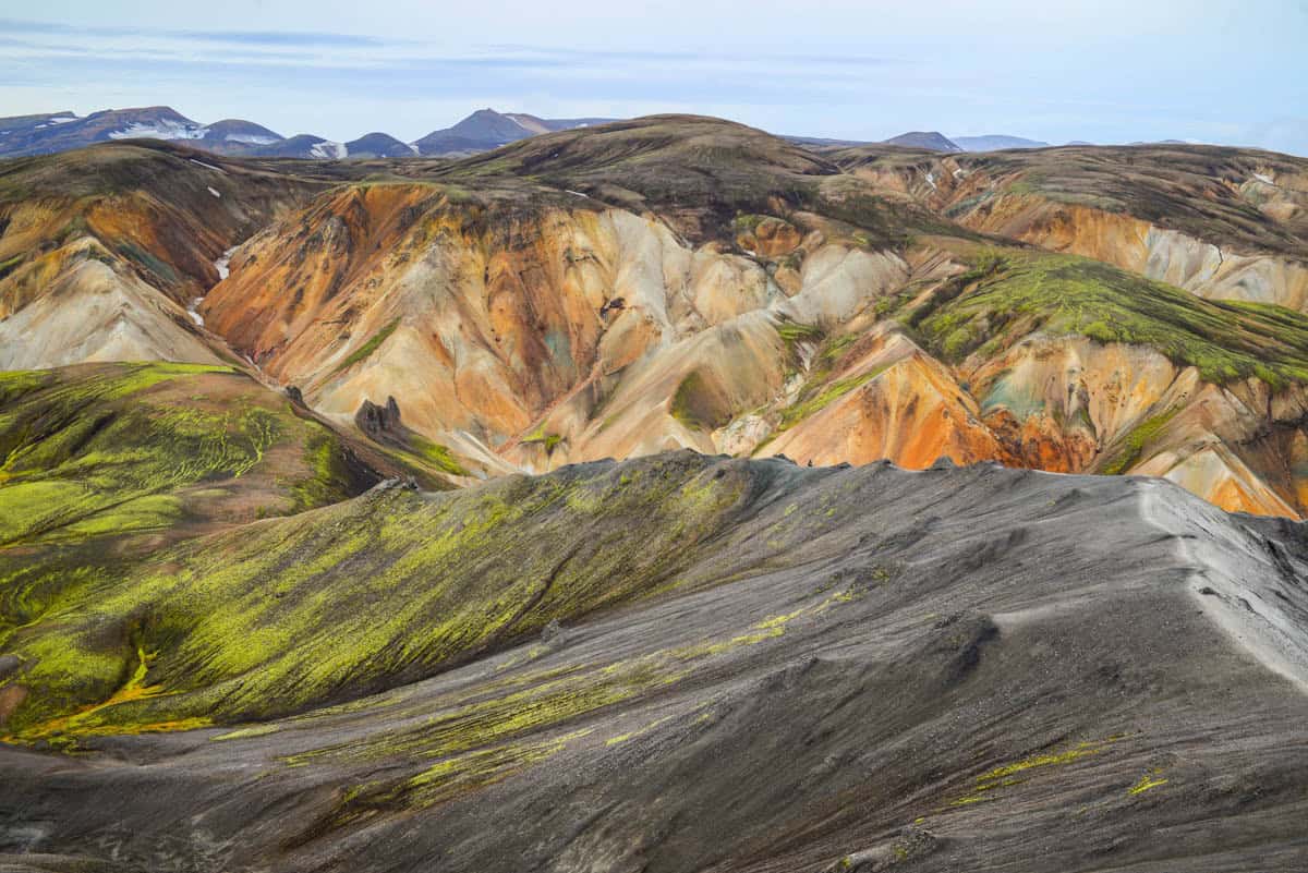 View over colorful Landmannalaugar rhyolite hills from the Bláhnúkur hiking area.