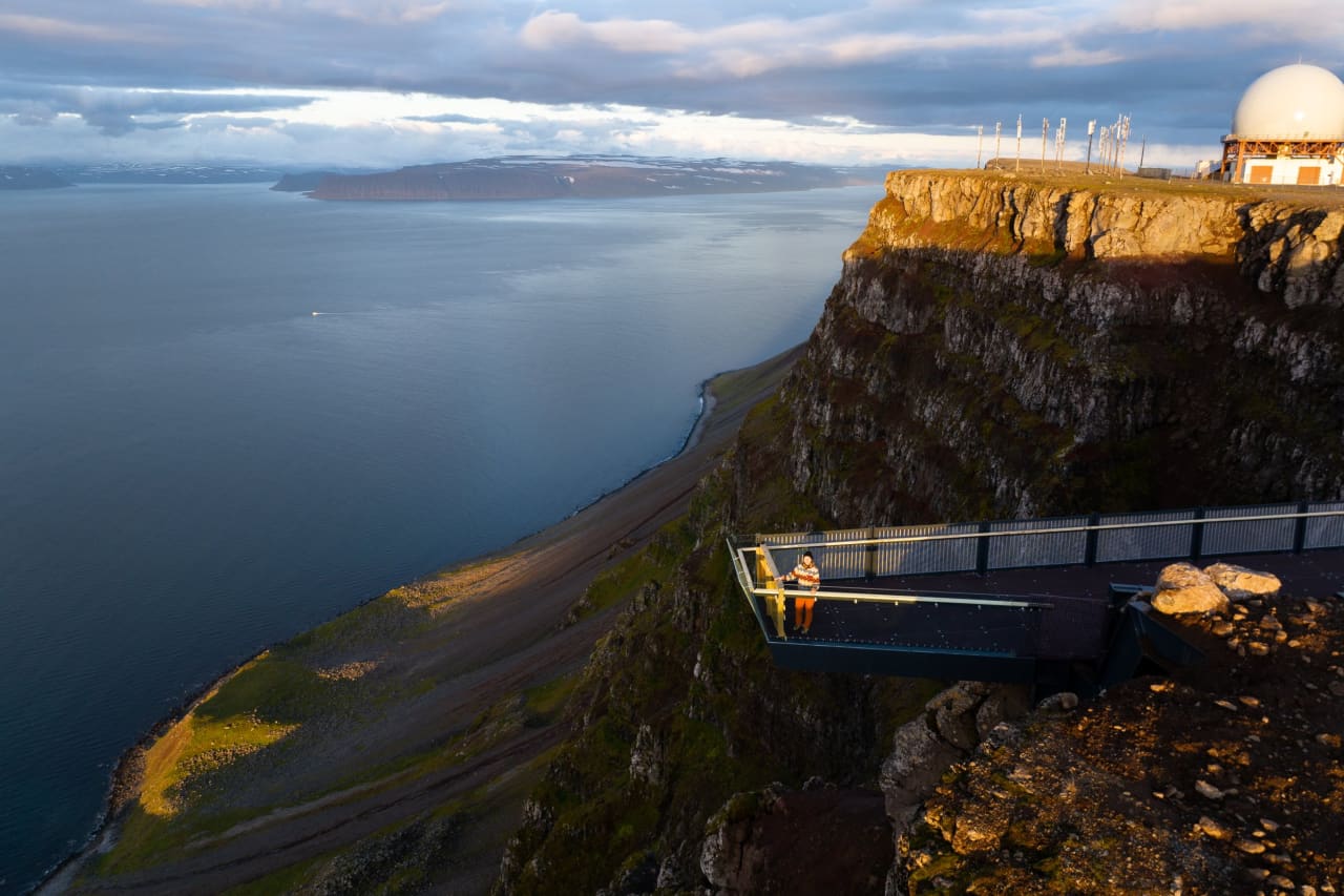 Bolafjall road and radar station above the fjords near Bolungarvík.