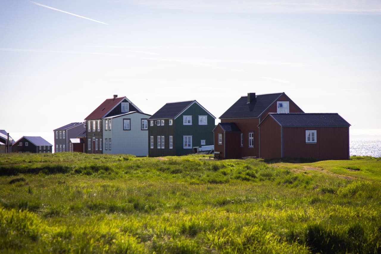 Small colorful houses in the old village on Flatey island in Breiðafjörður.