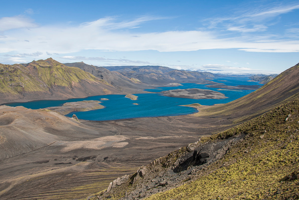 Long blue arms of Langisjór below dark ridges and mossy highland slopes near Breiðbakur.