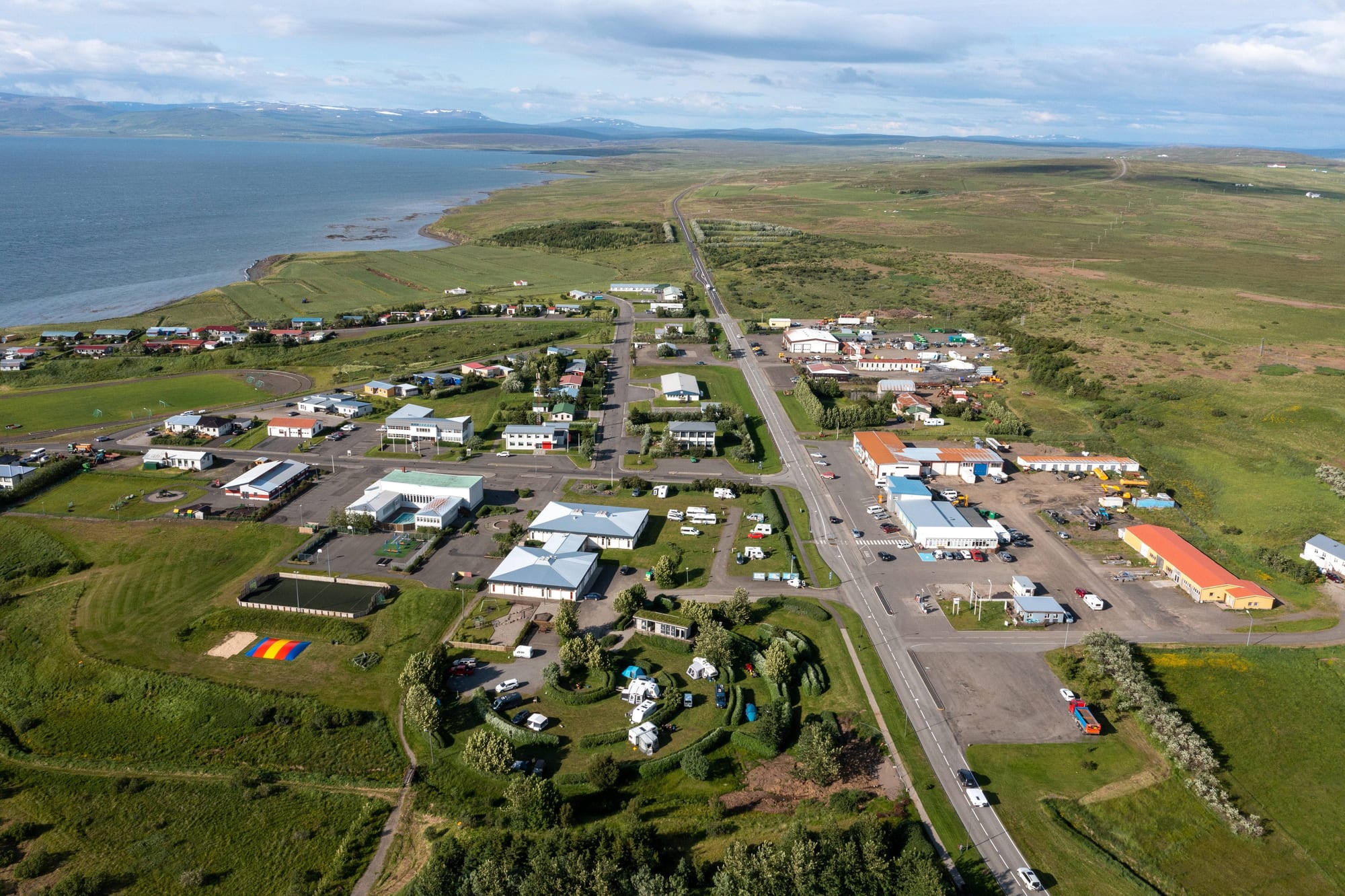 Aerial view of Búðardalur beside Hvammsfjörður in Dalir.
