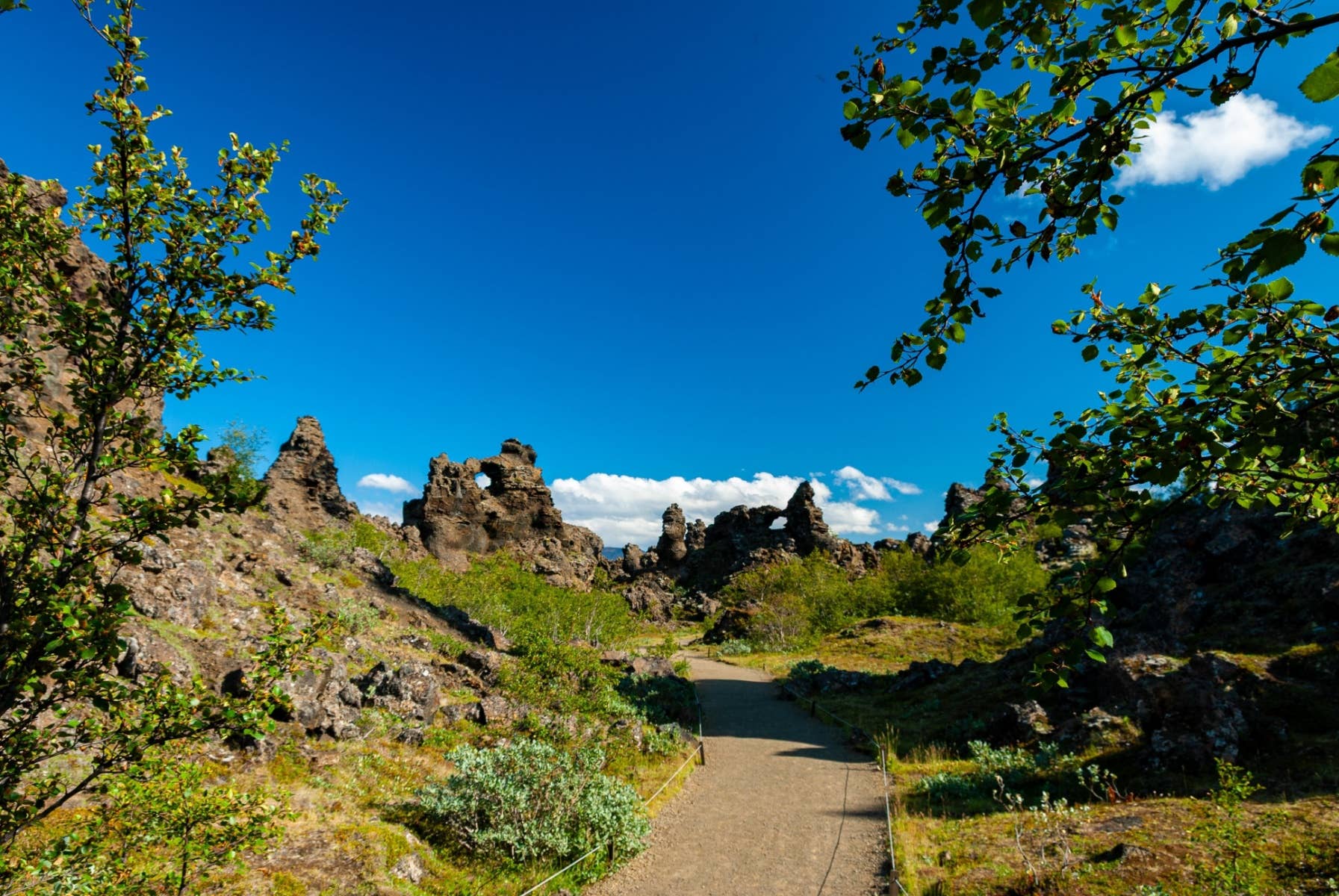 Walking path through Dimmuborgir with dark lava towers, green vegetation, and a cloudy North Iceland sky.