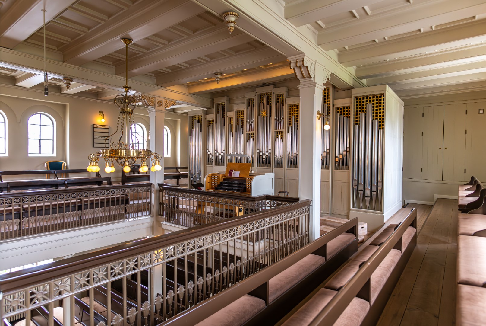 Organ pipes and upper gallery inside Dómkirkjan in Reykjavík