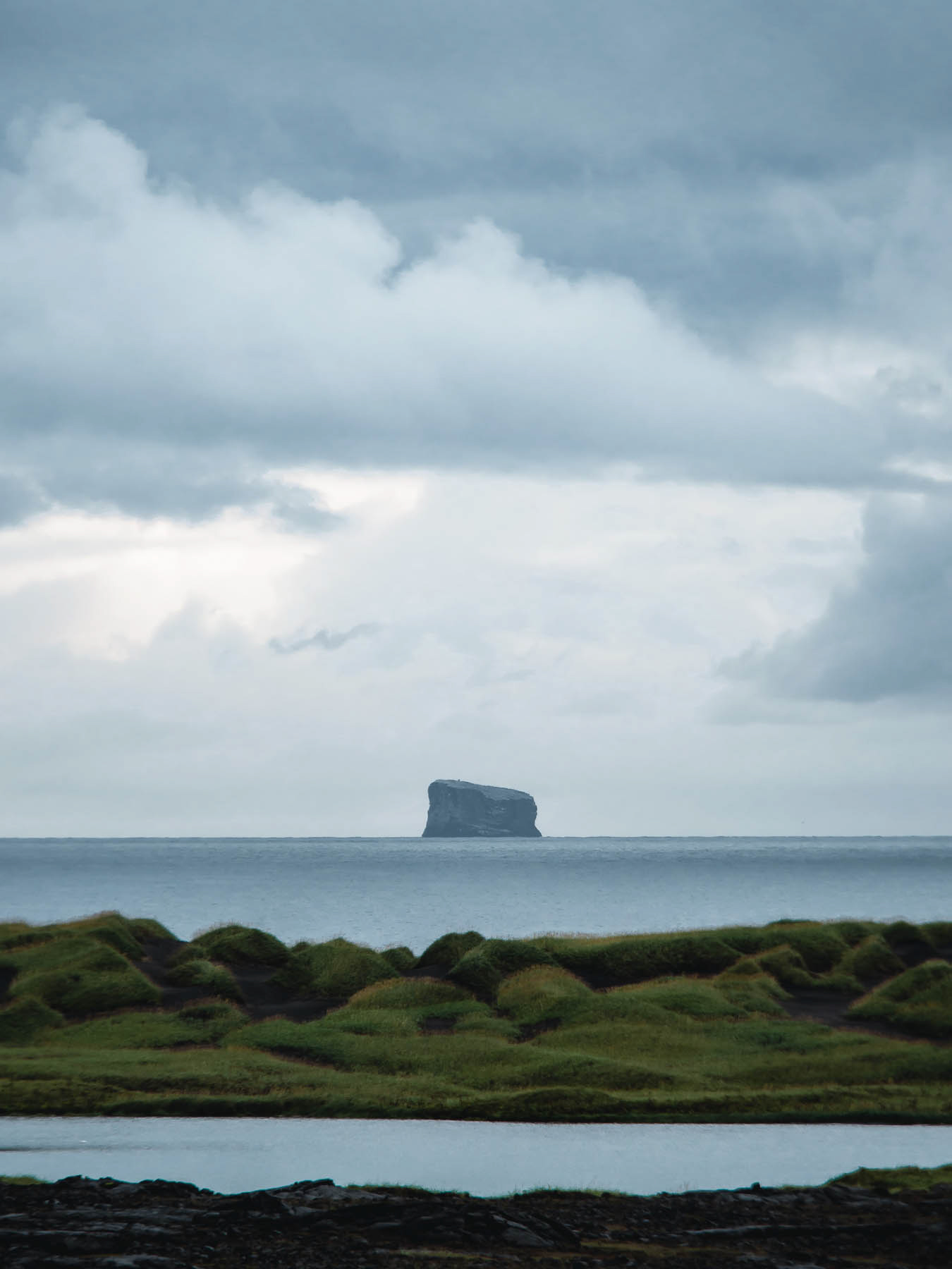 Eldey rising from the sea beyond grassy Reykjanes shoreline under low grey clouds.