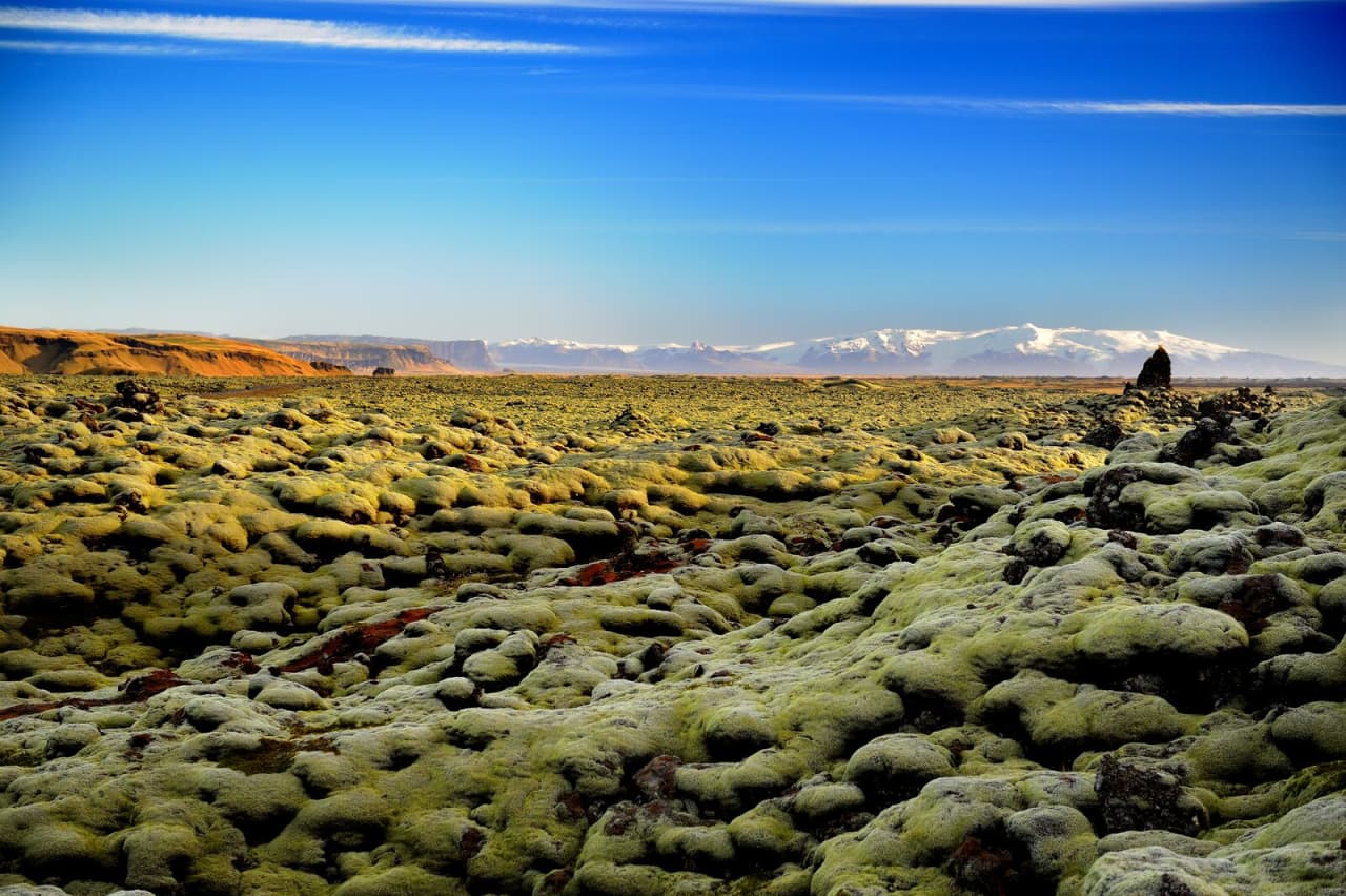 Wide view across Skaftáreldahraun lava with moss-covered rocks and South Iceland mountains.
