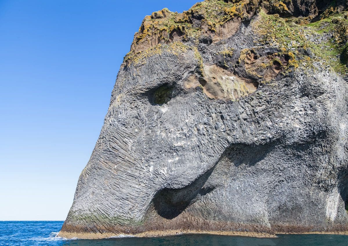 Elephant Rock on Heimaey seen from the water, with grey basalt grooves forming the eye and trunk shape.