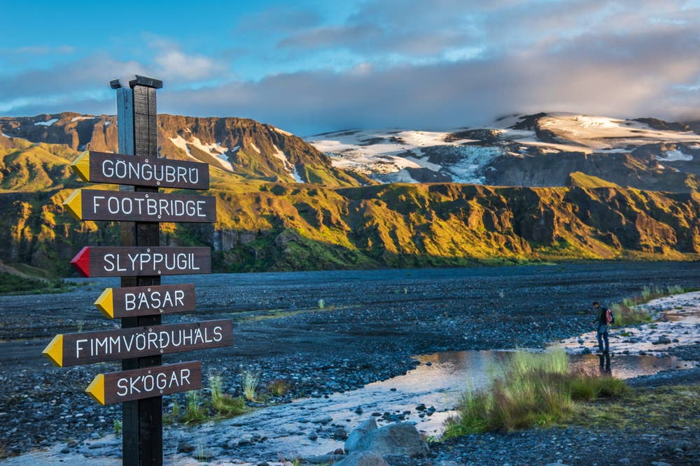 A Þórsmörk signpost in the mountain area near Eyjafjallajökull.