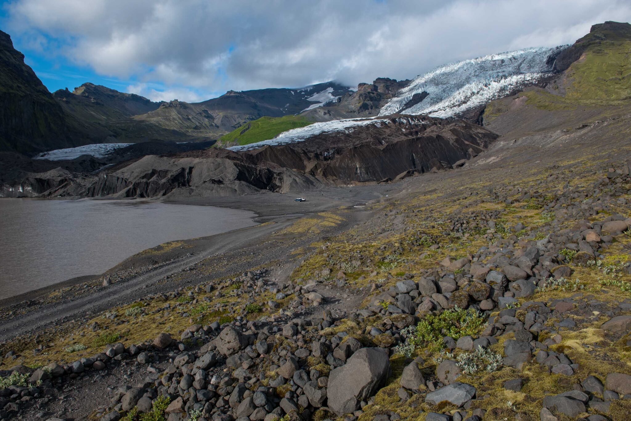 Rocky moraine and rough access ground below Falljökull Glacier in southeast Iceland.