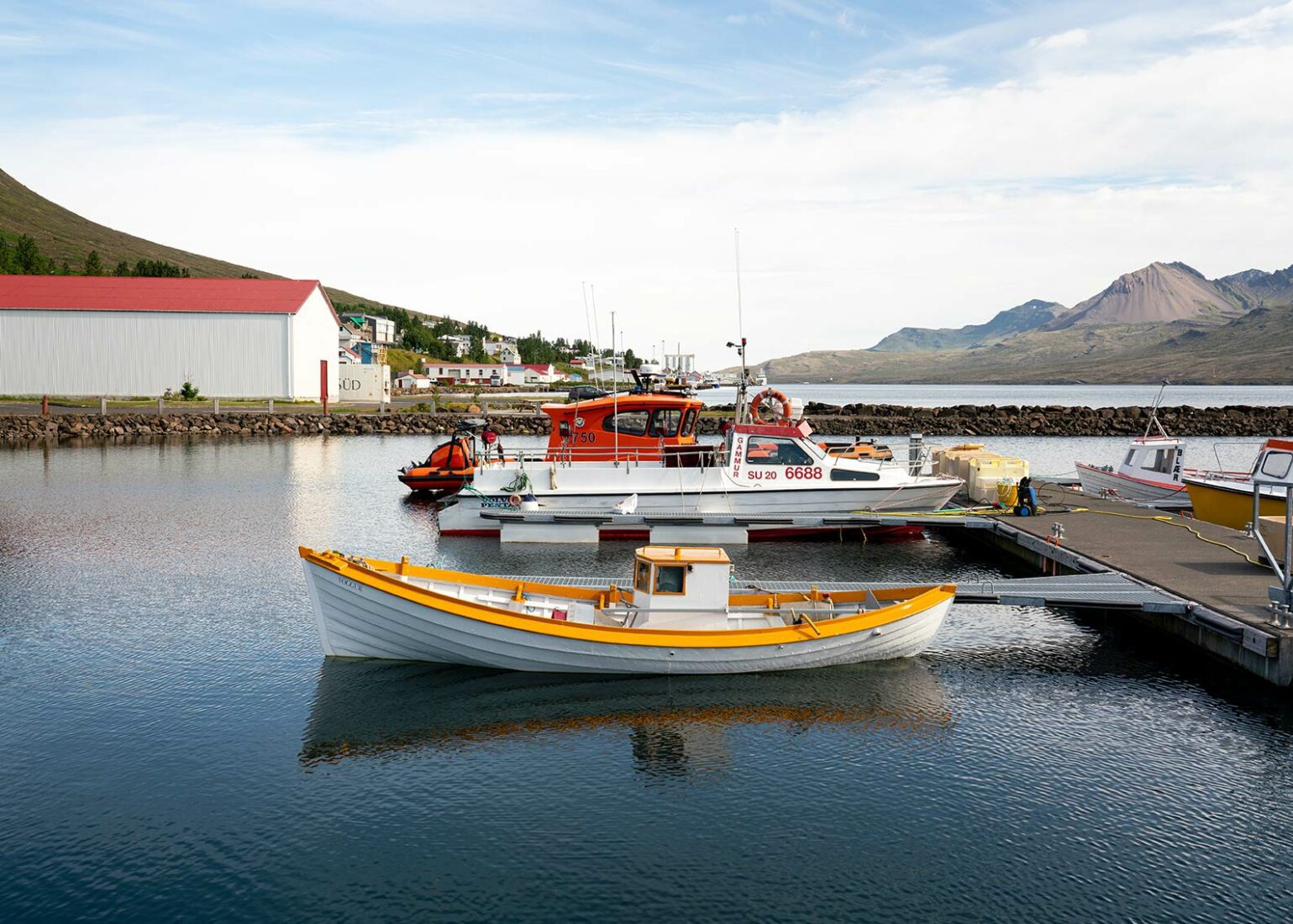 Small boats in Fáskrúðsfjörður harbor with village buildings, fjord water, and mountains behind.