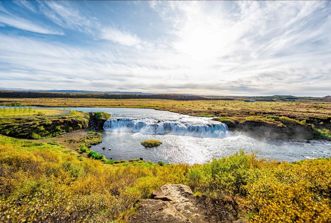 Wide view of Faxi Waterfall spreading across Tungufljót in South Iceland.
