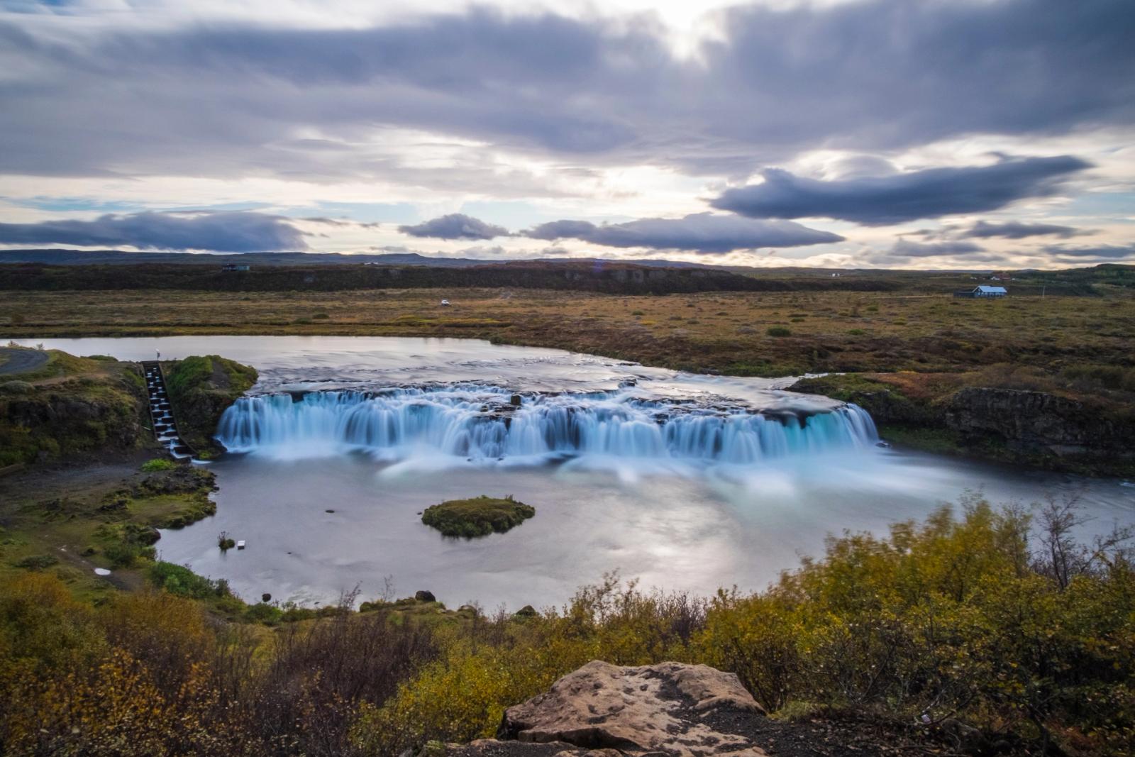 Wide view of Faxi Waterfall spreading across Tungufljót on the Golden Circle.