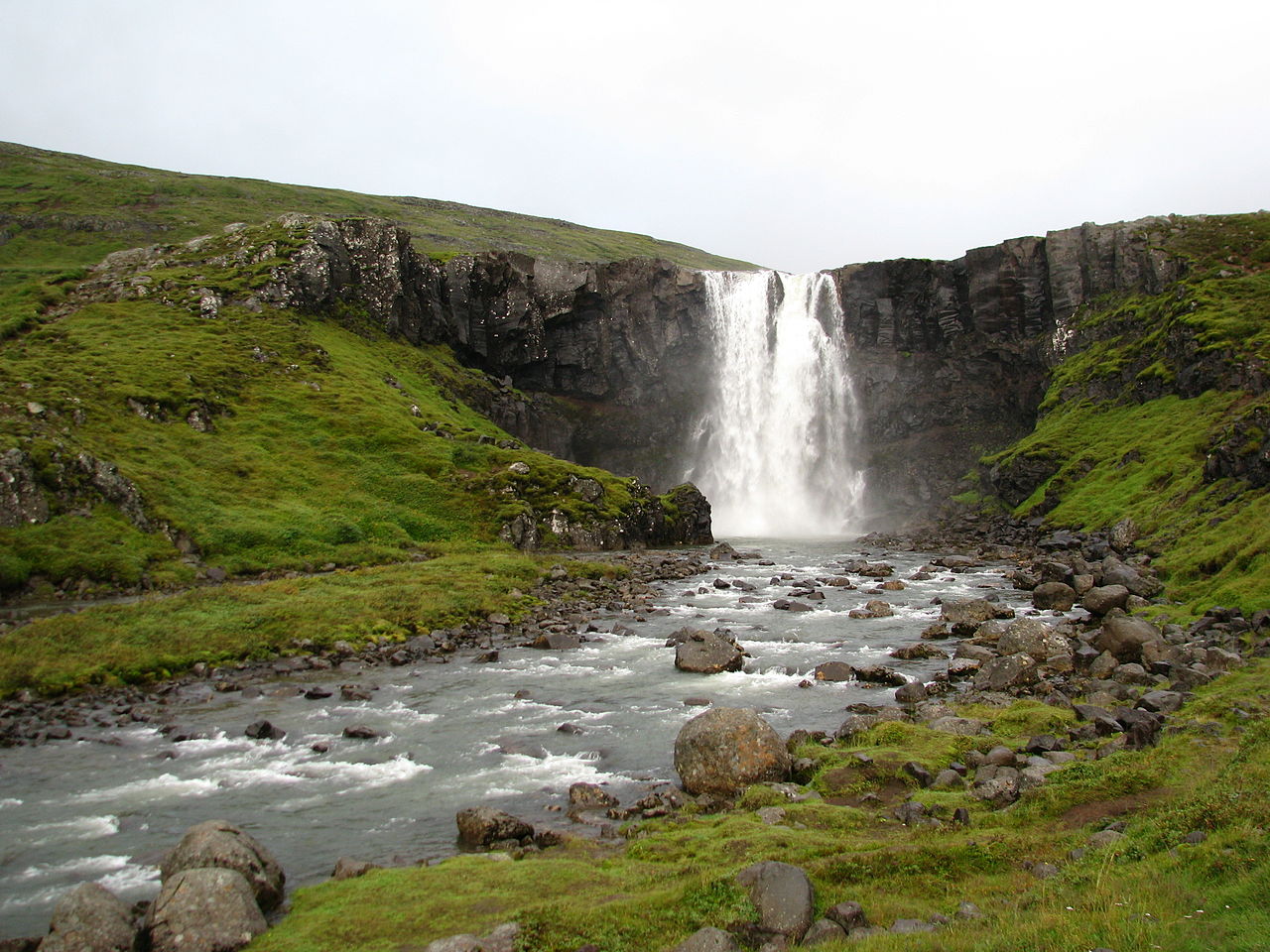 Gufufoss Waterfall and the rocky river below it in East Iceland.