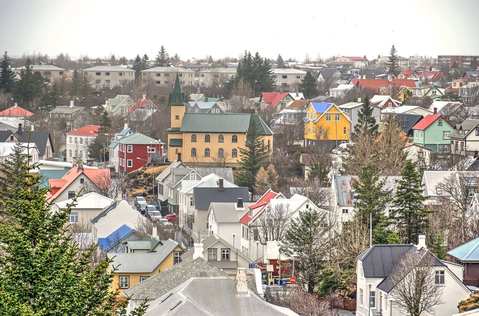 Colorful houses and a church in the Hafnarfjörður town center.