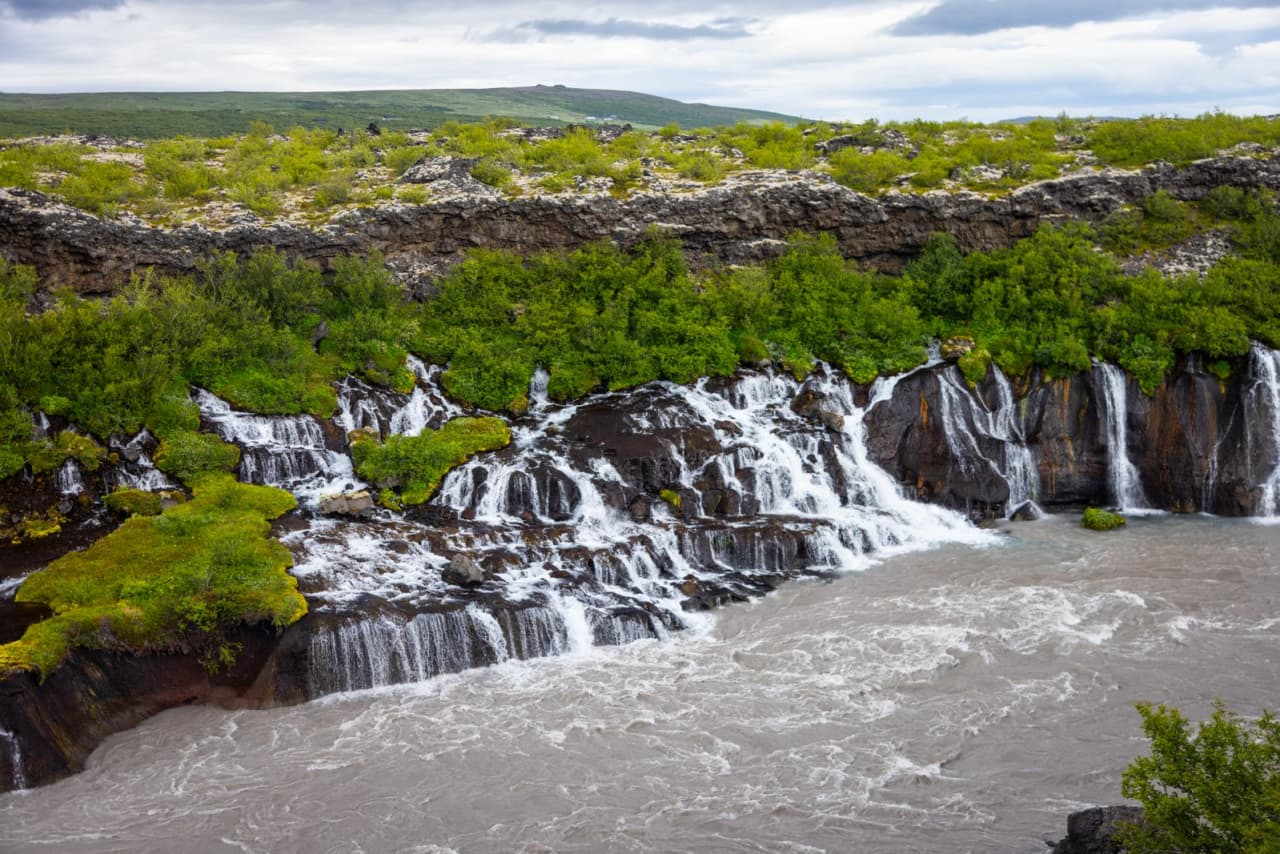 Streams flowing out of dark Hallmundarhraun lava into the Hvítá river at Hraunfossar.