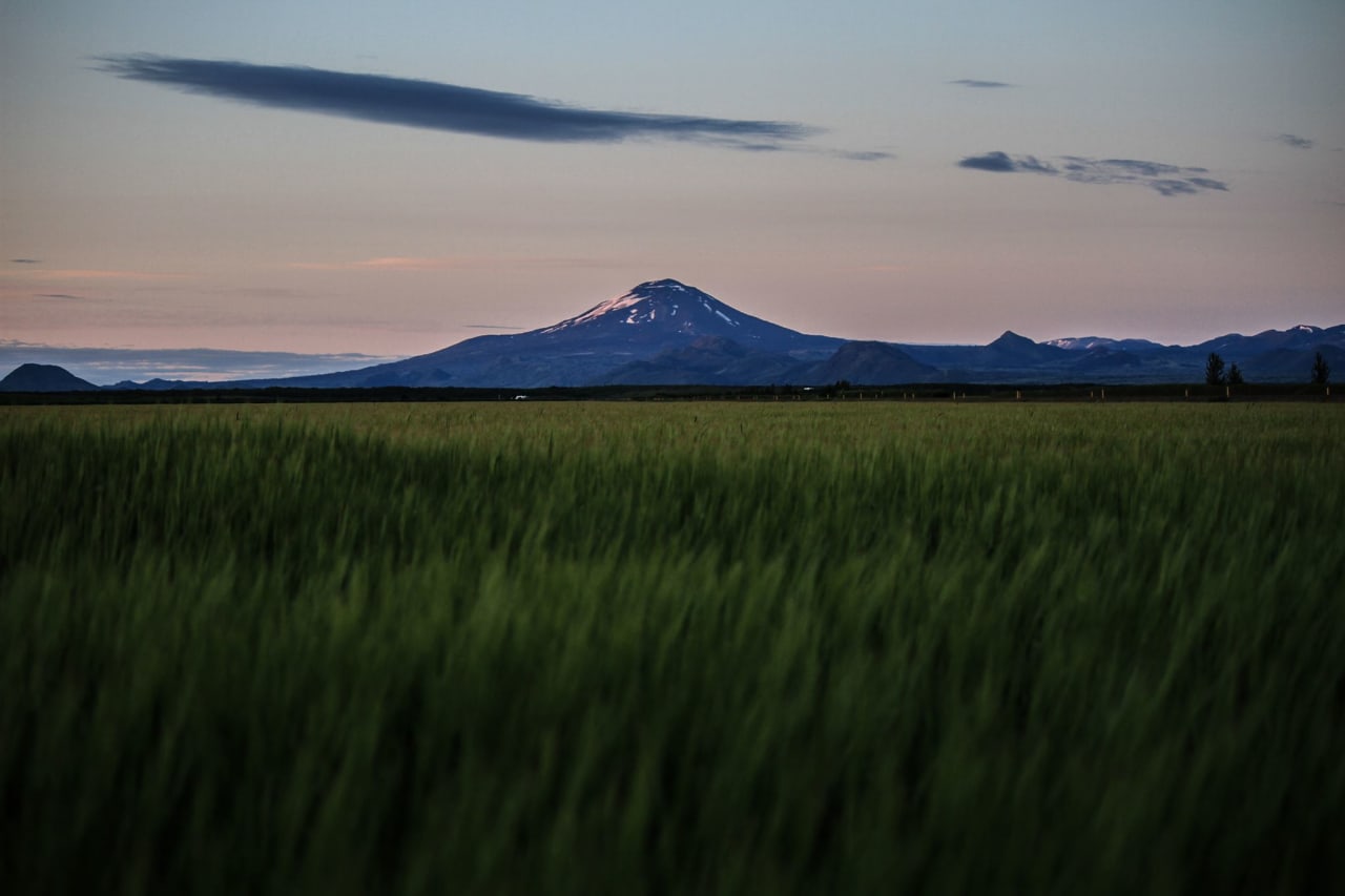Hekla volcano rising above green fields in South Iceland under evening cloud.