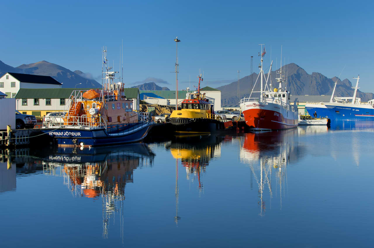 Fishing boats reflected in Höfn harbor with mountains behind the town.