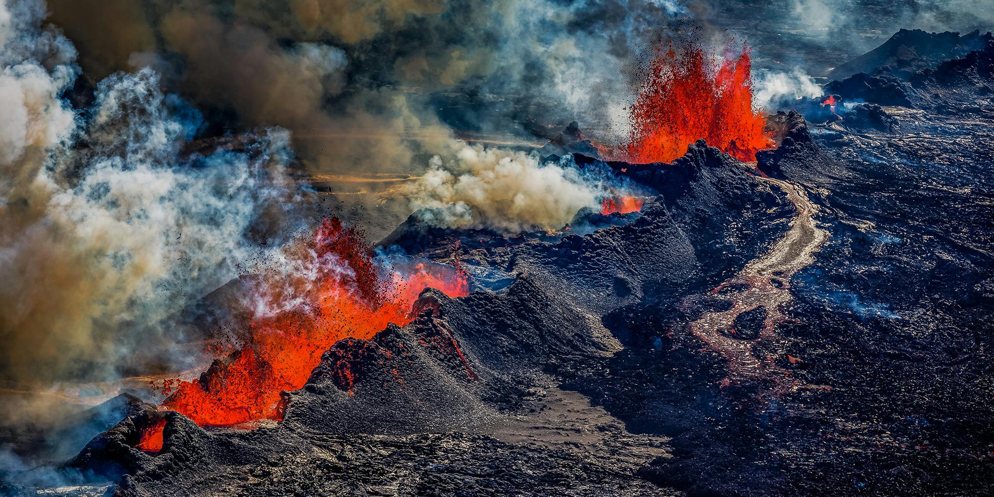 Lava fountains and smoke during the 2014-2015 Holuhraun eruption in the Icelandic Highlands.