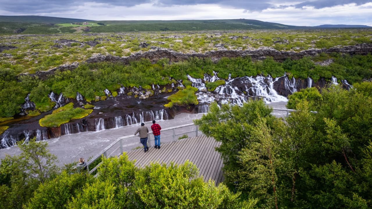 Hraunfossar streams flowing through lava in West Iceland