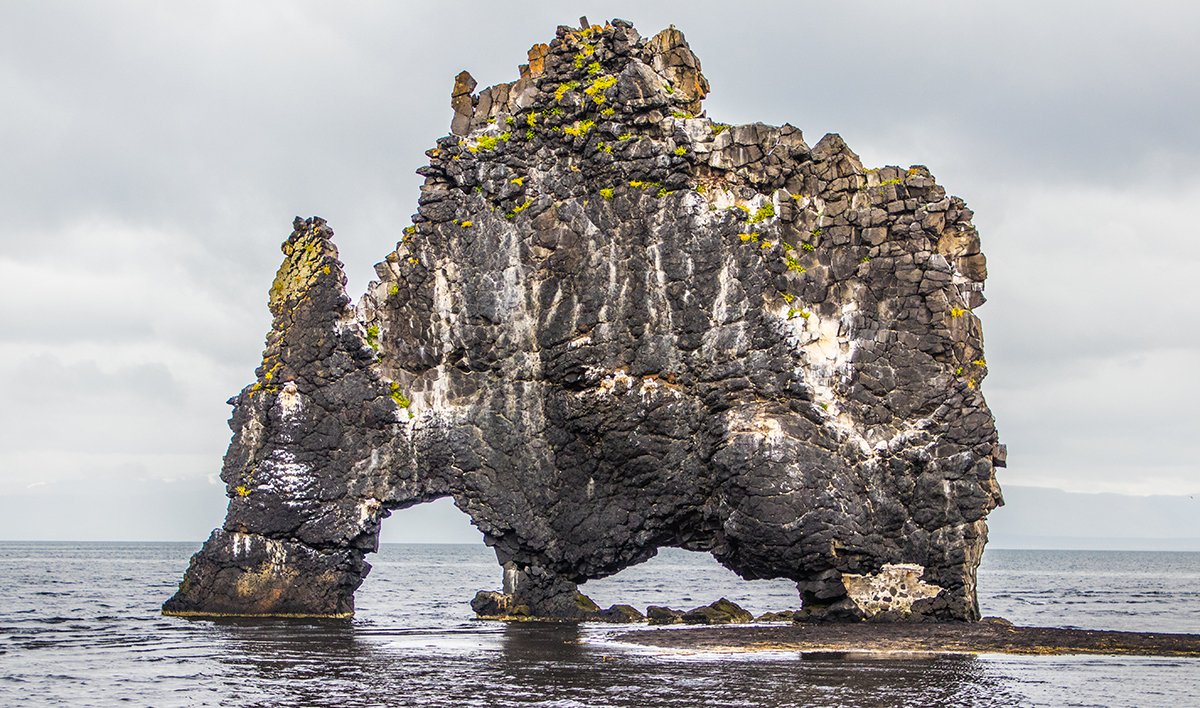 Hvítserkur sea stack rising from Húnaflói bay off the Vatnsnes coast.