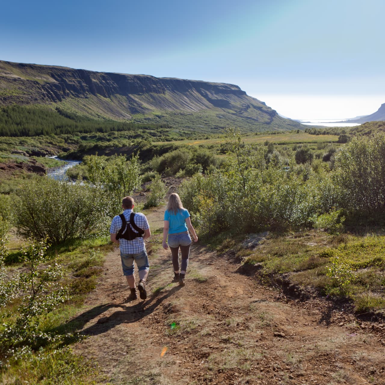 Two hikers walking a dirt path through low birch and open valley terrain in Botnsdalur by Hvalfjörður.