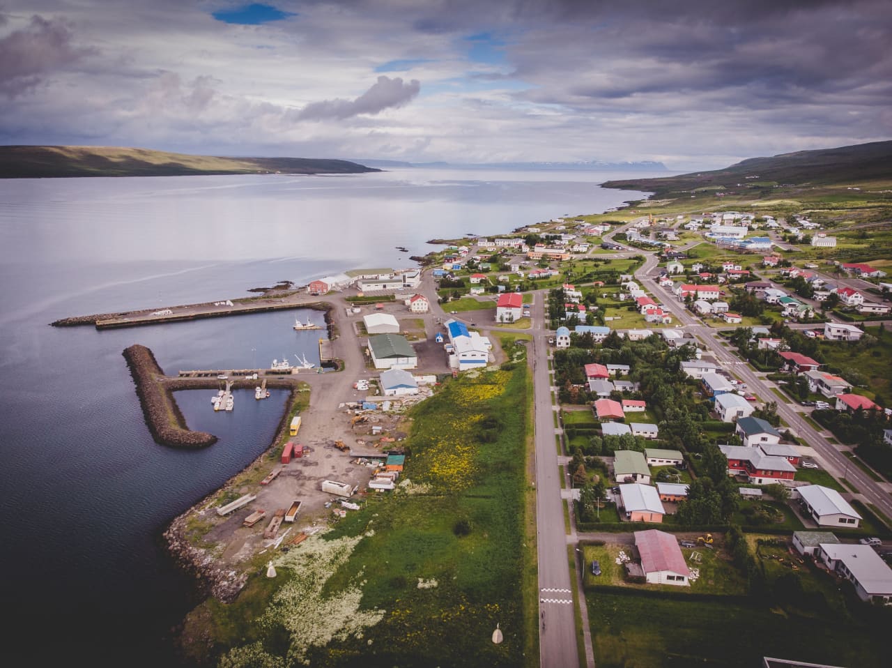 Aerial view of Hvammstangi harbor and town beside Miðfjörður