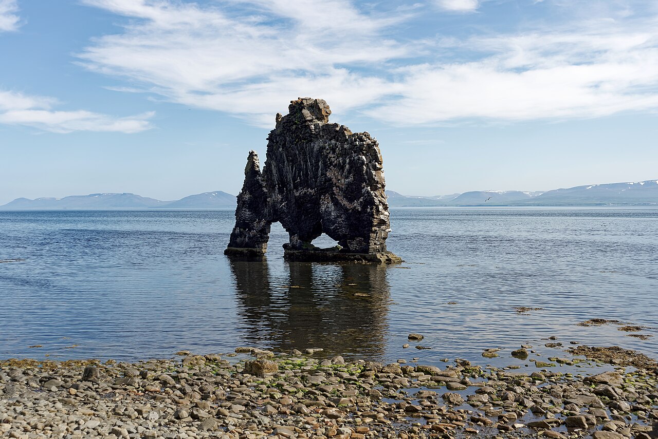 Hvítserkur sea stack standing offshore on the Vatnsnes coast in North Iceland.