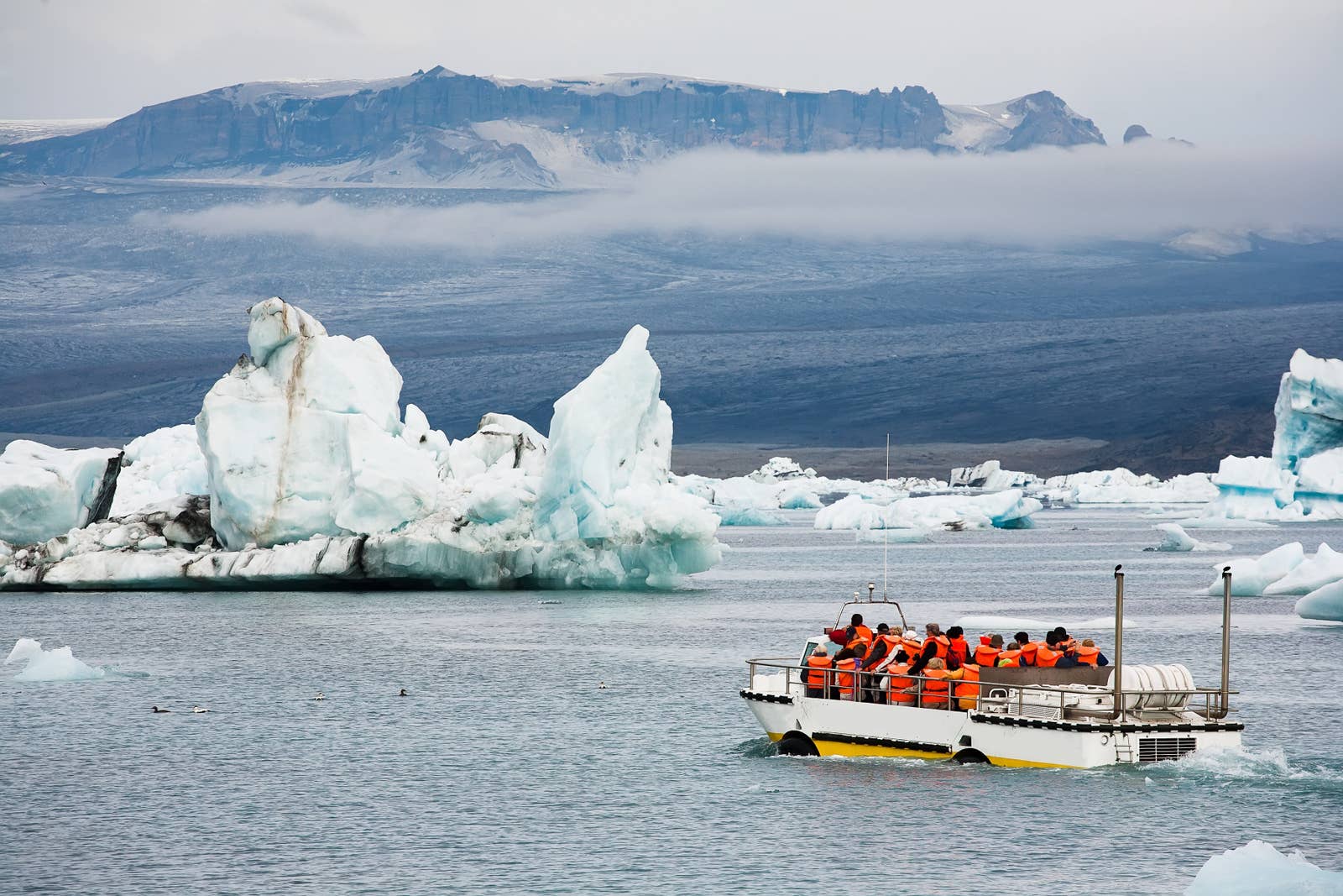 Amphibian boat tour moving among icebergs at Jökulsárlón Glacier Lagoon.