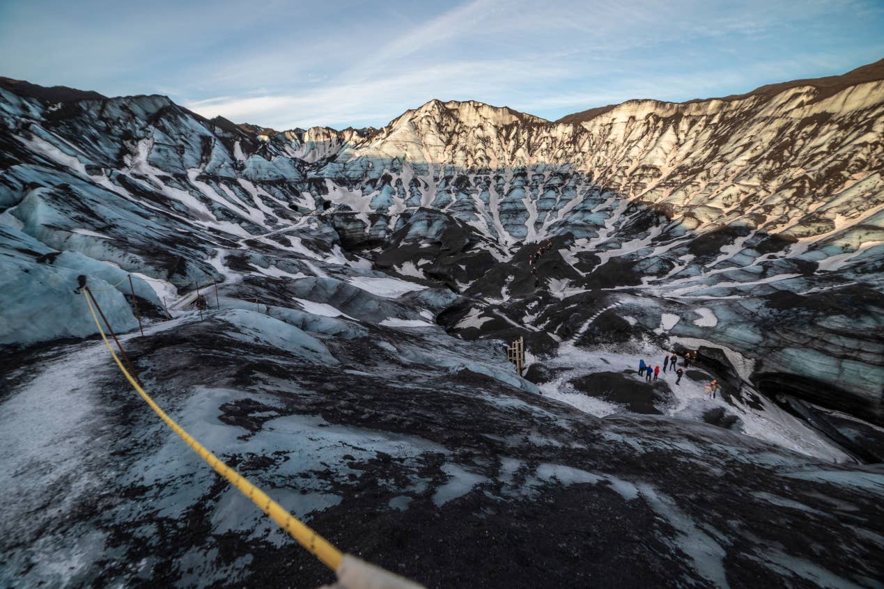 Ash-streaked glacier ice on Mýrdalsjökull above the Katla volcanic system.