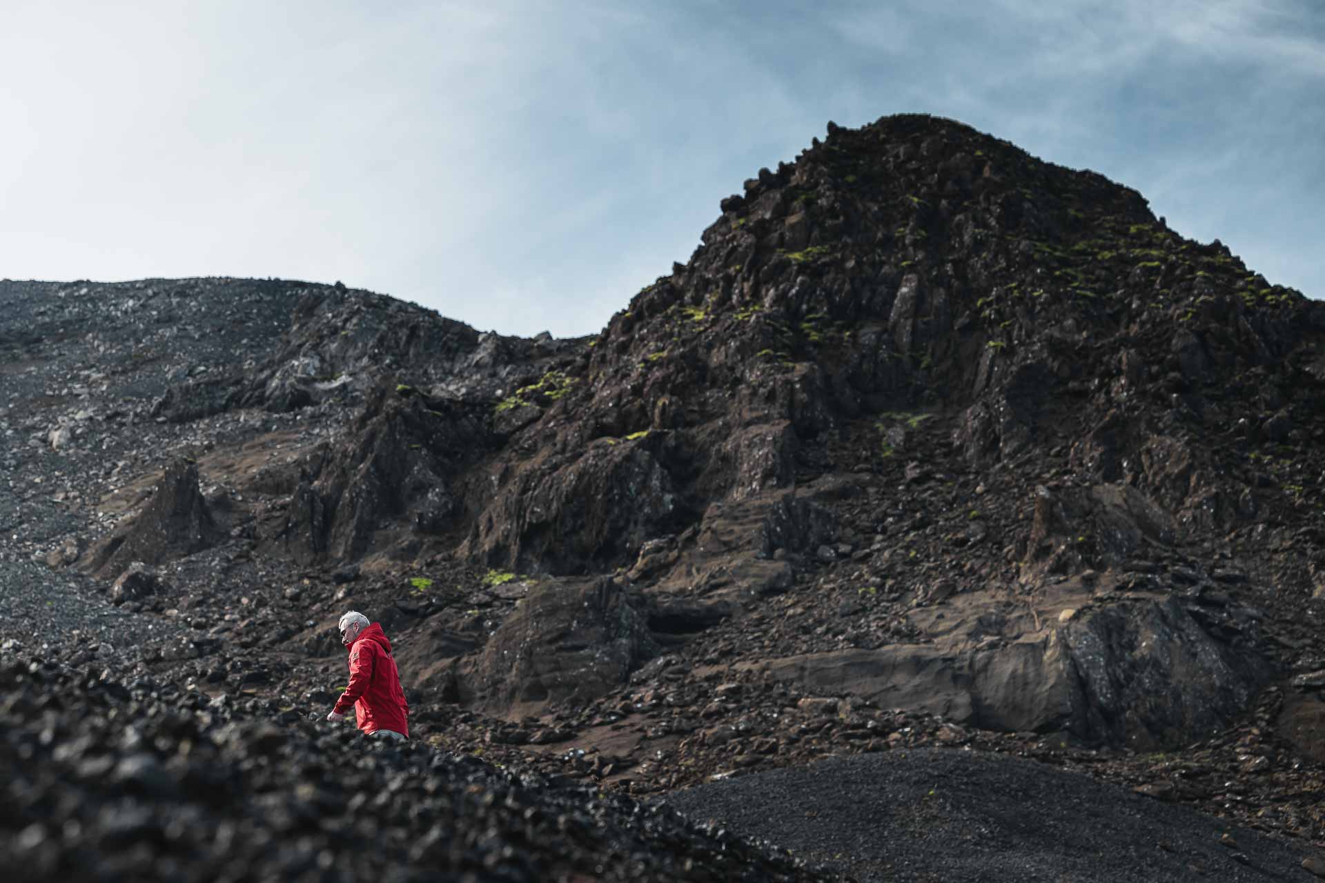 Dark volcanic rock and rough ground below Keilir on the Reykjanes hike.