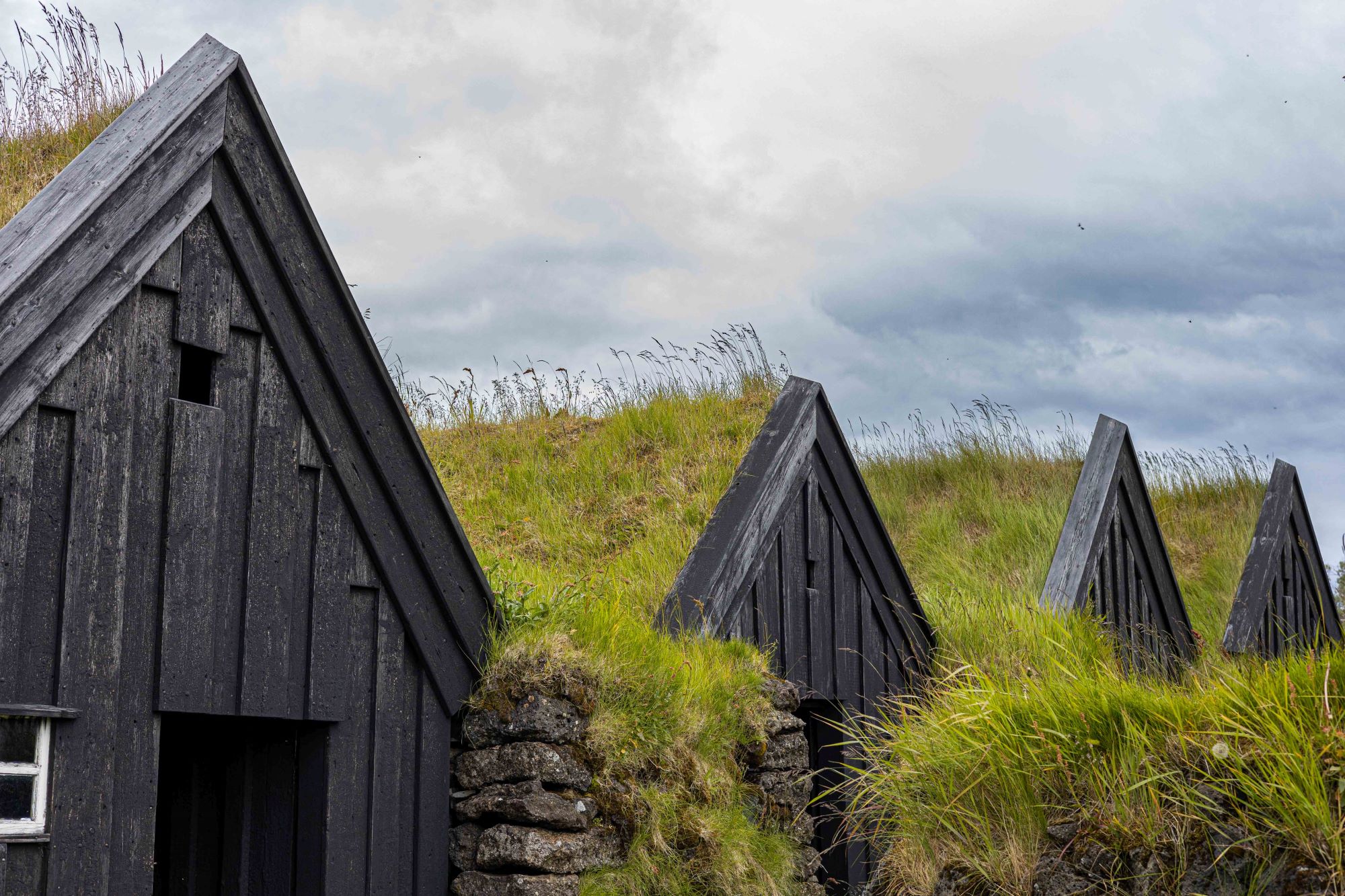 Keldur Turf House with grass roofs in the Rangárvellir countryside of South Iceland.