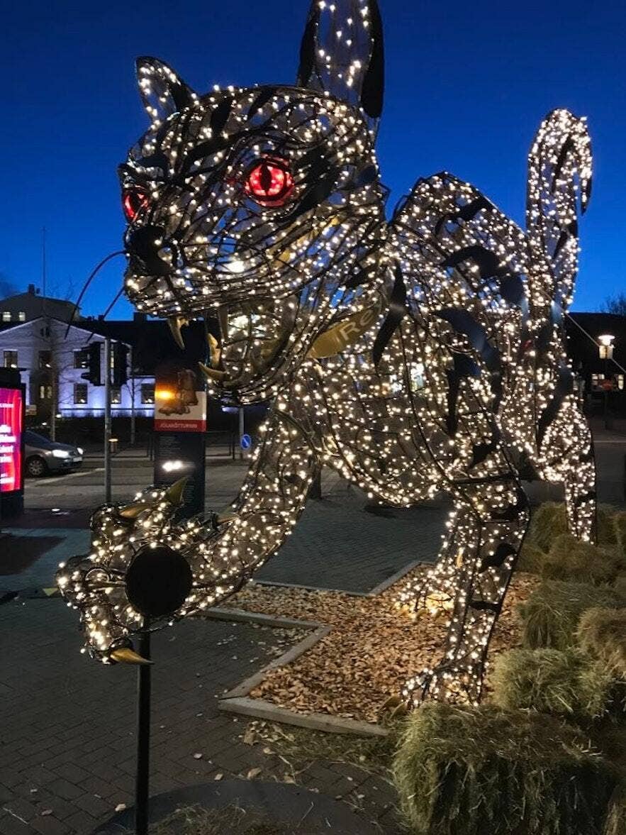 Illuminated Christmas Cat installation near Lækjargata in central Reykjavík.