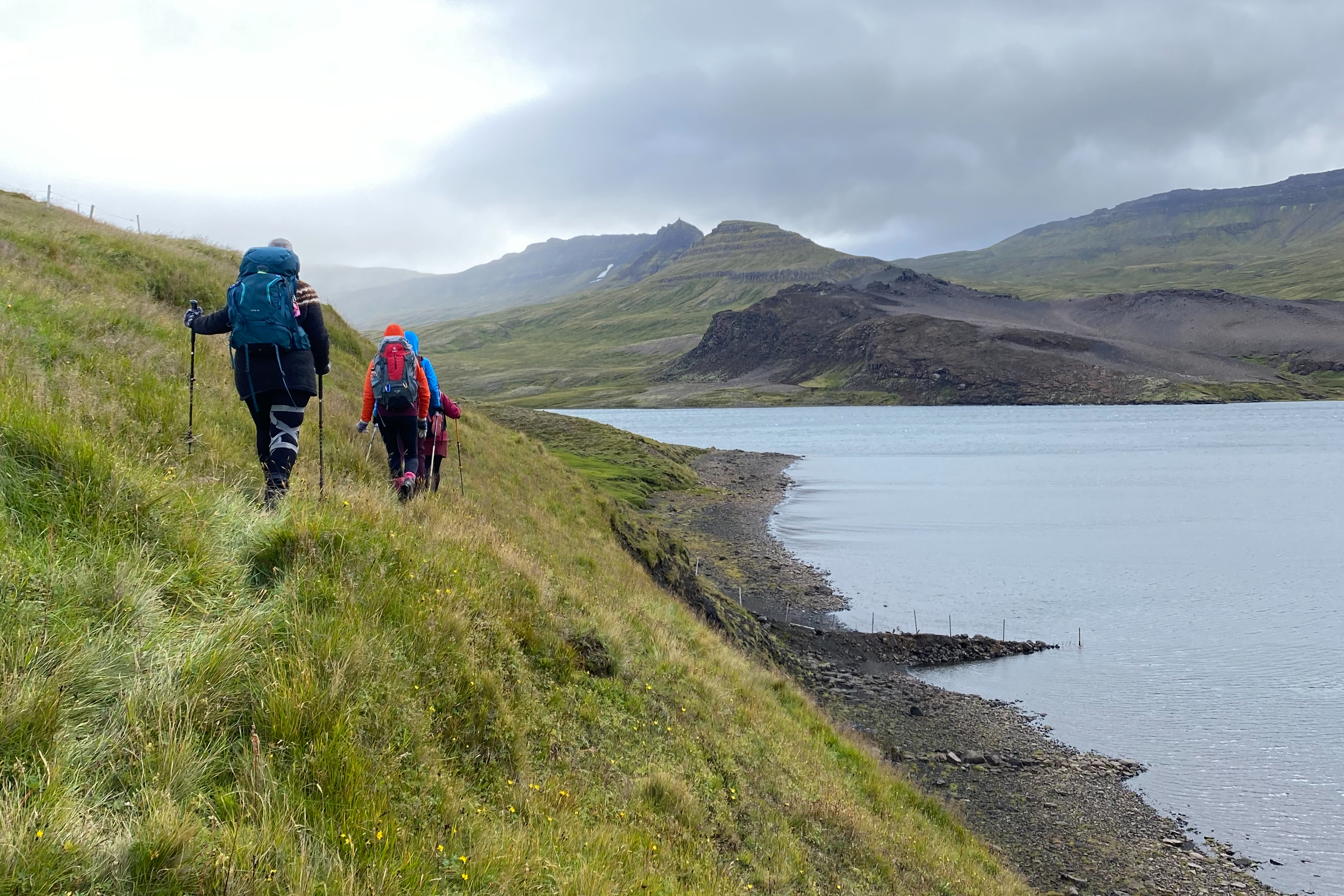 Hikers above Langavatn on the Vatnaleid route in West Iceland.