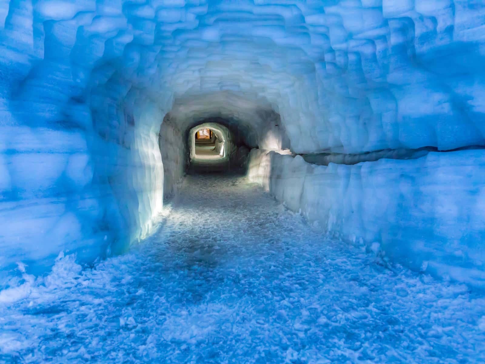 Blue ice tunnel passage inside Langjökull glacier