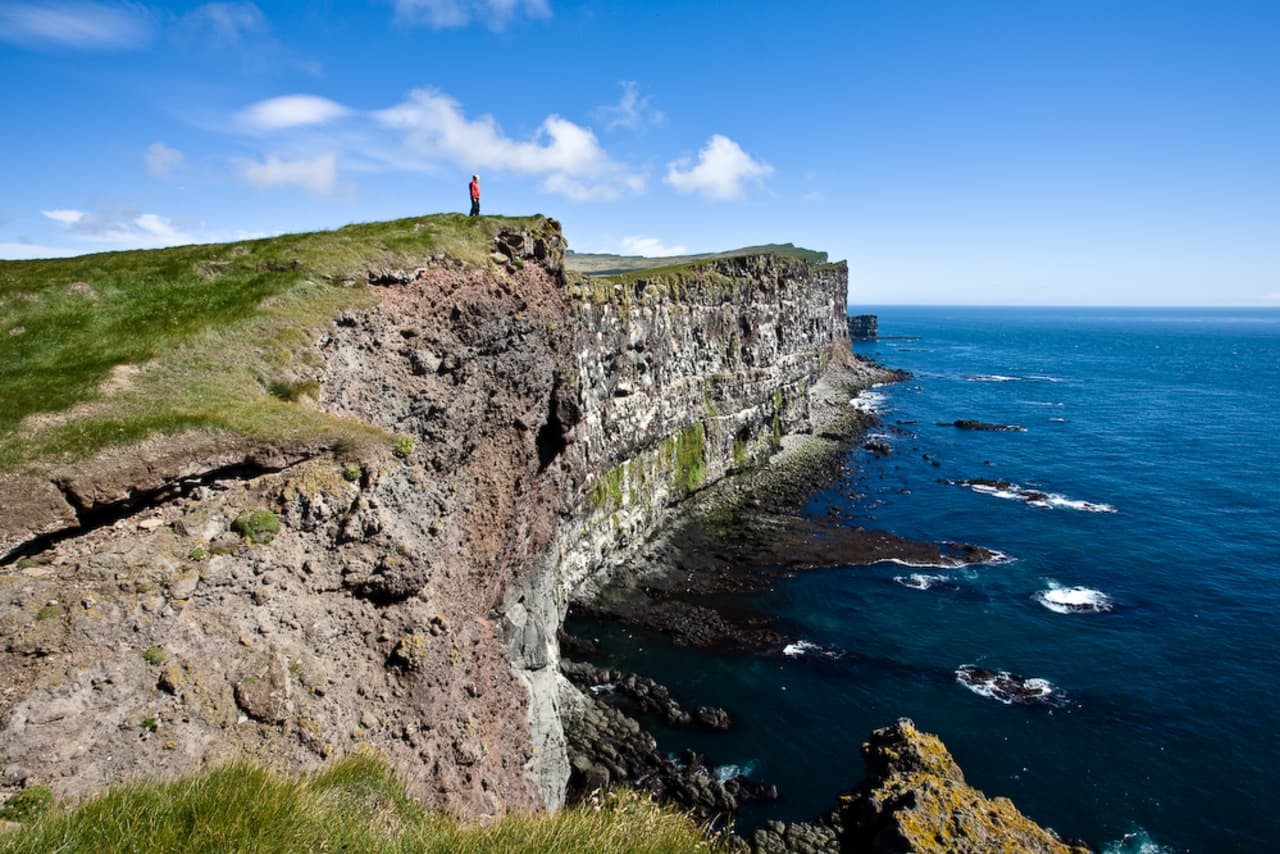 Long sea cliffs at Látrabjarg dropping into the Atlantic in the Westfjords.